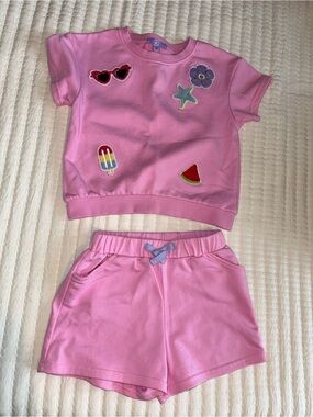 R2 Pink Girls Matching Short Set with Patches